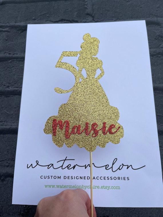 Beauty Princess Themed Gold Glitter Cake Topper - Personalised