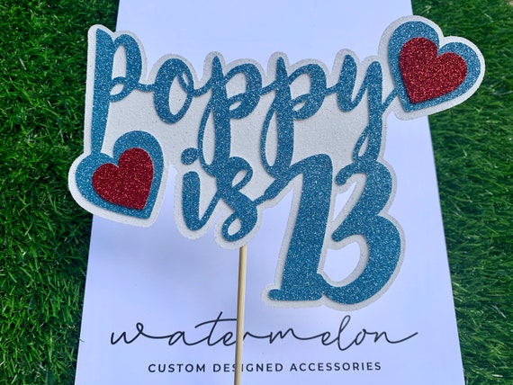 Personalised Birthday Glitter Cake Topper, Deluxe Double Layer Glitter with HEART decorations