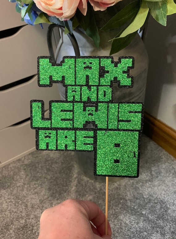 Twins Gaming Style Glitter Cake Topper - Personalised Pixel Font - Birthday