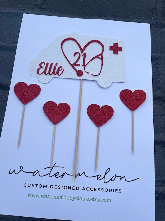 Nurse - Paramedic - Medical theme cake topper set with mini hearts