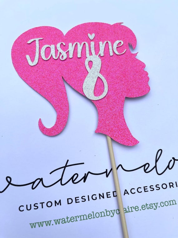 Girl - Doll - Head - Silhouette - Fashion doll - Glitter Pink Cake Topper - Personalised - ANY NAME/AGE - Doll Theme - Birthday