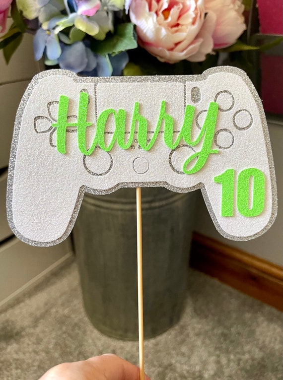 Gaming Controller White Cake Topper, personalised Deluxe Double Layer Glitter Games Control ANY NAME / AGE