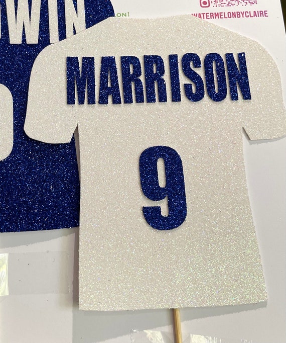 Football Shirt Cake Topper - Personalised- White shirt -  ANY NAME / AGE - Birthday - Anniversary- White with Blue text