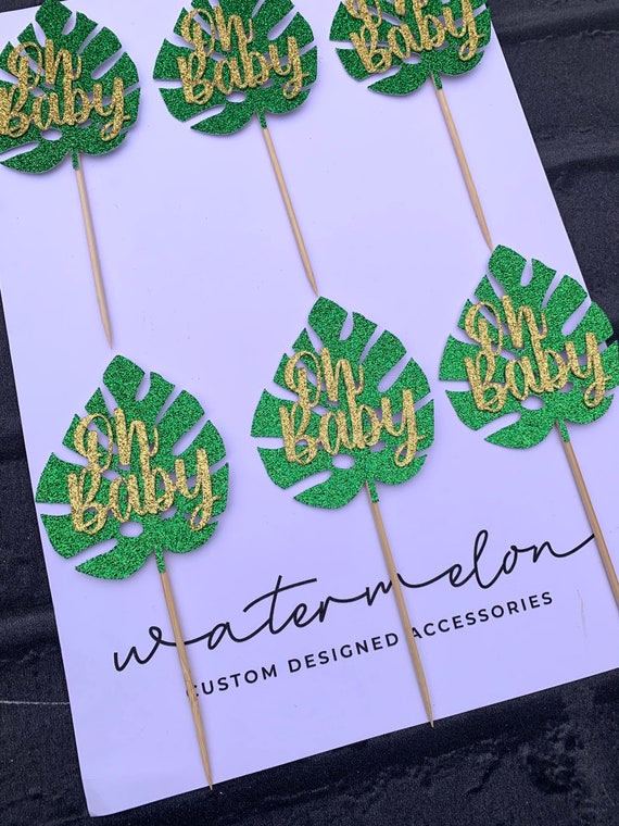 Baby Shower Oh Baby Cupcake Toppers - Tropical Palm leaf - Set of 6