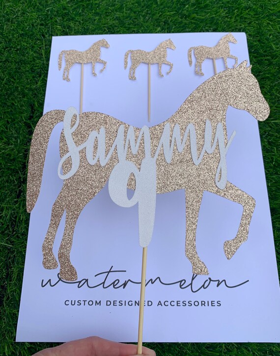Horse Glitter Cake Topper-  Personalised - in Rose Gold & White,  ANY NAME with MINI Horses