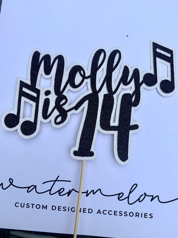 Music themed Personalised Birthday Glitter Cake Topper, Double Layer Glitter with musical notes