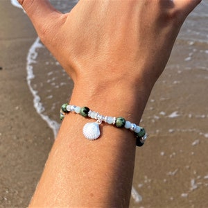 Beachy Sterling Silver Aqua Beaded Bracelet Turquoise and Amazonite Bracelet with Silver Cockle Shell Charm Adjustable