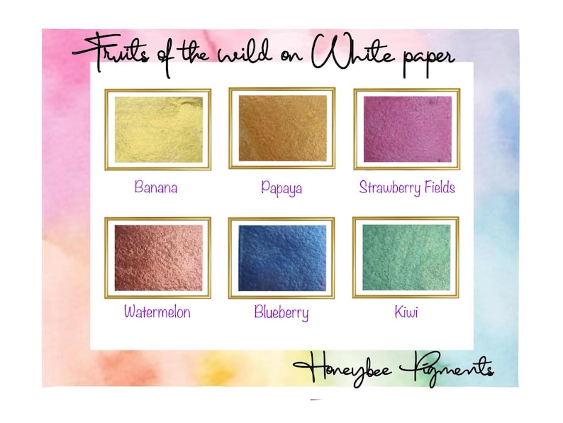 May include: Six small squares of metallic paint swatches on white paper. The swatches are labelled "Banana", "Papaya", "Strawberry Fields", "Watermelon", "Blueberry", and "Kiwi". The text "Fruits of the wild on White paper" is at the top of the image. The text "Honeybee Pigments" is at the bottom of the image.