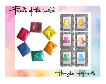 Può includere: Un set di otto pastiglie di acquerello in un arcobaleno di colori, tra cui rosso, arancione, giallo, verde, blu, indaco e viola. Le pastiglie di acquerello sono disposte in cerchio su uno sfondo bianco. Il testo "Fruits of the Wild" è scritto in nero sopra le pastiglie di acquerello. Il testo "Honeybee Pigments" è scritto in nero sotto le pastiglie di acquerello.