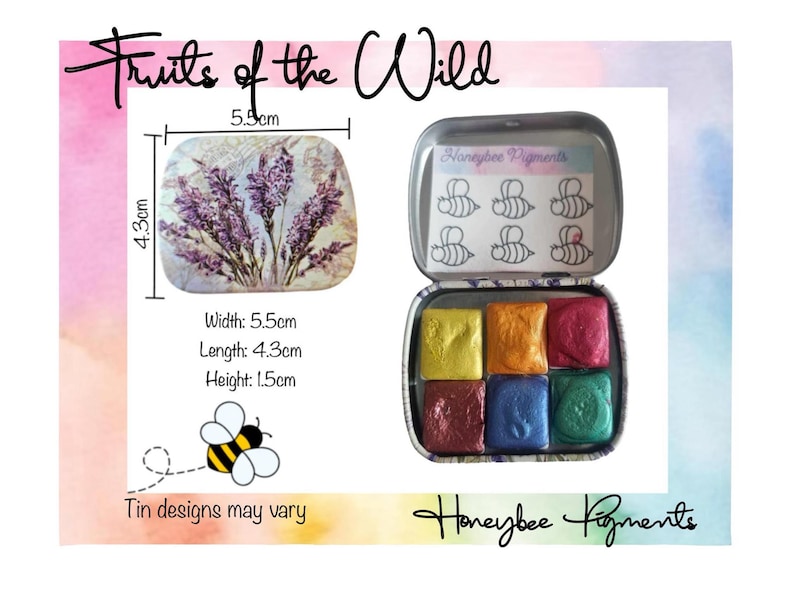 May include: A set of six watercolour paints in a metal tin with a lavender design. The tin is 5.5 cm wide, 4.3 cm long, and 1.5 cm high. The tin also features the text "Honeybee Pigments".