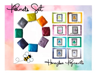 Planetas / Set de acuarelas brillantes hechas a mano / Pigmentos de abeja / Tinta caligráfica / Rotulación a mano / Aquarelle