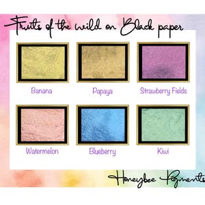 May include: Six small squares of mica powder in different colours, labelled "Banana", "Papaya", "Strawberry Fields", "Watermelon", "Blueberry", and "Kiwi". The text "Fruits of the wild on Black paper" and "Honeybee Pigments" are also visible.