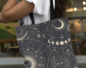Zodiac Tote Bag, Witchy Bag, Tarot Bag, Canvas Tote Bag, Tote Bag Aesthetic, Astrology Gifts, Witchy Things, Witchy Gifts, Dark Academia