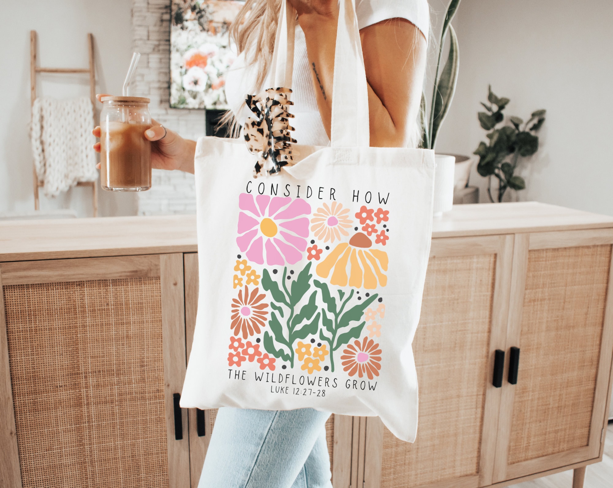 Embroidered Wildflower Tote Bag, Floral Cotton Shopper Bag 