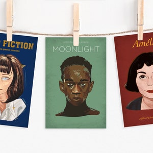 Postales con ilustraciones de personajes de películas / Pósteres minimalistas de 15 x 10 cm / Moonlight, Pulp Fiction, Amélie