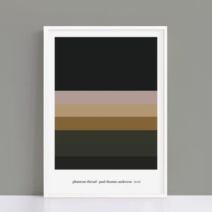 Può includere: Una stampa artistica incorniciata con un design minimalista. Presenta bande orizzontali di colore nero, talpa, oro e verde oliva. Il testo "phantom thread • paul thomas anderson • 2017" è stampato in basso.