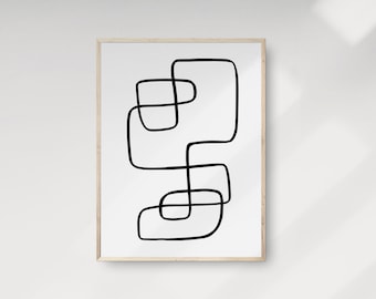 May include: Black and white abstract line art print in a simple wooden frame. The print features a series of overlapping geometric shapes.