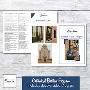 May include: A customized baptism program with a navy blue and white design. The program includes photos and text, with the name "Kasen Wade Cosper" prominently displayed. The program is double-sided and includes the text "March 7, 2026".