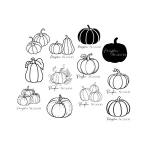 Könnte beinhalten: Eine Sammlung von schwarz-weißen Kürbisillustrationen in verschiedenen Formen und Größen. Einige Kürbisse sind schwarz gefüllt, andere sind umrandet. Der Schriftzug "Pumpkin Season" steht unter einigen Kürbissen.
