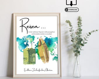 Cash gift for travel - Last minute gift of money - Printable PDF download - Travel fund, vacation money, travel adventure, travel voucher