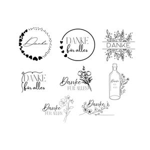 Può includere: Raccolta di disegni in bianco e nero con la parola "Danke" in vari caratteri. Alcuni disegni includono elementi floreali, cuori e la frase "für alles."