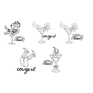May include: Black and white line art illustrations of cowgirls in martini glasses. The text "yee haw" and "cowgirl" are included in the design. The cowgirls are wearing cowboy hats and boots.