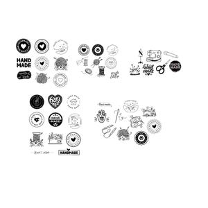 Puede incluir: Una colección de ilustraciones dibujadas a mano en blanco y negro de suministros de costura y manualidades, que incluyen una máquina de coser, tijeras, hilo, agujas, hilo y botones. Las ilustraciones están dispuestas en un patrón circular e incluyen el texto "HAND MADE" y "hand made".
