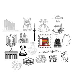 May include: A selection of black and white line drawings depicting German symbols. Includes a traditional dress, a hat with a feather, a pretzel, and the Brandenburg Gate. The word "Oktoberfest" is also present.