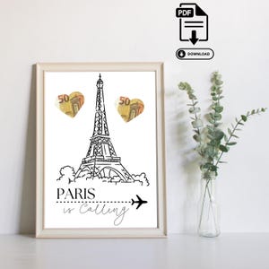 旅行のための現金ギフト - 直前の現金ギフト - 印刷可能なPDFダウンロード - 休暇資金、旅行アドベンチャー、パリ旅行券