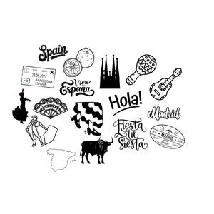 Può includere: Illustrazioni in bianco e nero di simboli culturali spagnoli, tra cui una ballerina di flamenco, un toro, una chitarra e la Sagrada Familia. Il testo include "Spagna", "Hola!", "Viva España" e "Fiesta y Siesta".