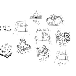 May include: Black and white line art illustrations of books, hands holding books, and people reading. The phrase "Me Time" is written in cursive. The image includes the text "I ♡ BOOKS" and "BOOK LOVER".