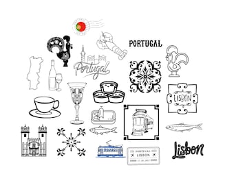 May include: A collection of black and white illustrations and text related to Portugal. Includes a map, rooster, wine bottle, tram, and the word "Lisbon". Also features a stamp and a lobster.