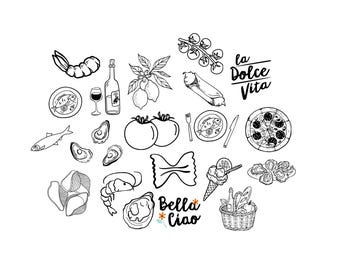 Pasta Noodles Bundle PNG SVG File - Download Plotter File - Plotter File - Noodles Italia Italy Spaghetti Farfalle Ravioli Doodle