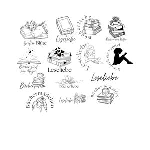 May include: A collection of black and white line art illustrations featuring books, coffee cups, and floral elements. Text includes "Leseliebe", "Bücher und Kaffee", and "Bücher sind wie Magie", among other phrases.