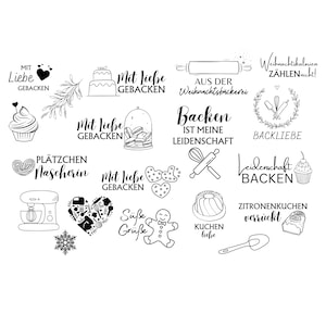 Könnte beinhalten: Eine Sammlung von Schwarzweißillustrationen mit Backmotiven. Die Illustrationen zeigen einen Lebkuchenmann, einen Cupcake, ein Nudelholz, einen Schneebesen, ein Herz gefüllt mit Backutensilien, einen Kuchen, eine Schneeflocke, eine Küchenmaschine, einen Kranz und Text, der "Mit Liebe Gebacken" (deutsch für "Mit Liebe gebacken") und "Backliebe" (deutsch für "Backliebe") lautet.