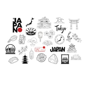 Può includere: Una collezione di illustrazioni in bianco e nero a tema giapponese, tra cui il Monte Fuji, pagode, sushi, un gatto fortunato e la parola "Tokyo". La parola "Giappone" appare più volte, insieme ad altri simboli giapponesi.
