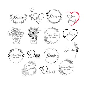 Könnte beinhalten: Eine Sammlung von schwarz-weißen floralen und herzförmigen Designs mit den Wörtern "Danke" und "Lieben Dank für alles" in verschiedenen Schriftarten. Einige Designs enthalten Blumenkränze und Herzumrisse.
