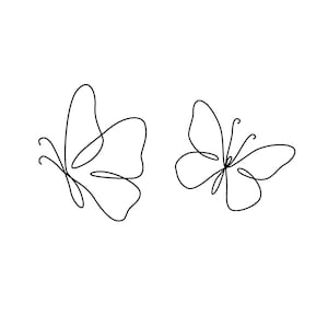 Puede incluir: Dos dibujos de línea negra de mariposas. Las mariposas están dibujadas en un estilo simple y minimalista.