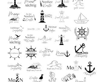 Duitse nautische bundel PNG SVG-bestand - Noordzee- en Oostzee-spreuken - Download plotterbestand - Schip Moin Ahoy vuurtorenkust