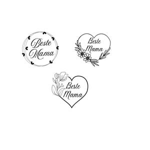 以下が含まれることがあります： 「Beste Mama」というフレーズを異なるスタイルで描いた白黒のイラストが3つあります。1つのイラストは、ハートで囲まれた円の中にフレーズが描かれており、もう1つは花で飾られたハート型の中にフレーズが描かれており、最後のイラストは、1つの花で飾られたハート型の中にフレーズが描かれています。