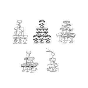 May include: Black and white line art of champagne glass arrangements. The image shows five different designs, including pyramids and tiered fountains, with some glasses adorned with bows. Ideal for wedding or party decor.