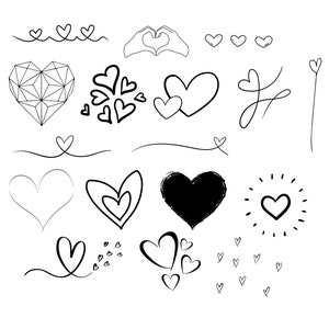 Könnte beinhalten: Eine Sammlung von handgezeichneten Herzillustrationen in Schwarzweiß. Die Herzen sind in verschiedenen Stilen, darunter geometrisch, einfach und abstrakt.