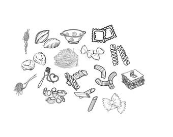 Pasta Noodles Bundle PNG SVG File - Download Plotter File - Plotter File - Noodles Italia Italy Spaghetti Farfalle Ravioli Doodle