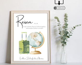 Cash gift for travel - Last minute gift of money - Printable PDF download - Travel fund, vacation money, travel adventure, travel voucher