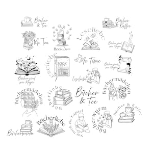 May include: A collection of black and white line art illustrations featuring books, coffee cups, and related imagery. Text includes phrases like "Book Lover," "Me Time," and "Bücher & Tee," suggesting a theme of reading and relaxation.