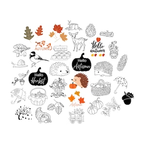 Könnte beinhalten: Eine Sammlung von herbstlichen Illustrationen in Schwarz und Weiß mit Akzenten in Orange und Braun. Das Bild enthält Kürbisse, Blätter, Igel, ein Reh und Text mit den Worten "Hello Autumn" und "Hallo Herbst".