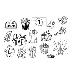 May include: Black and white line art illustrations of cinema-themed items. Includes popcorn, film reels, movie tickets, a clapperboard, 3D glasses, and an Oscar statue. The word "Cinema" is displayed on a sign.