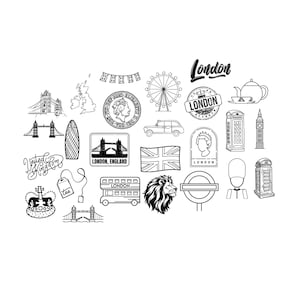 Inghilterra Gran Bretagna Bundle PNG SVG file - scarica file plotter - svg png - Queen London Eye Tower Bridge Big Ben Tea Cabs Elisabeth