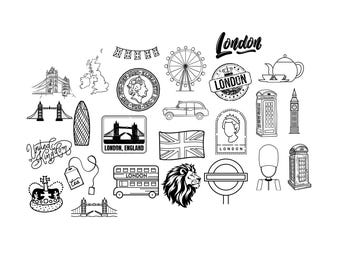 England Great Britain Bundle PNG SVG file - download plotter file - svg png - Queen London Eye Tower Bridge Big Ben Tea Cabs Elisabeth