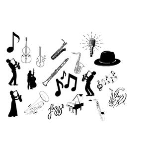 Archivo PNG SVG de paquete de jazz - Descargar archivo de trazador - Archivo de trazador - Instrumentos musicales Saxofón Trompeta Instrumento musical Notas musicales